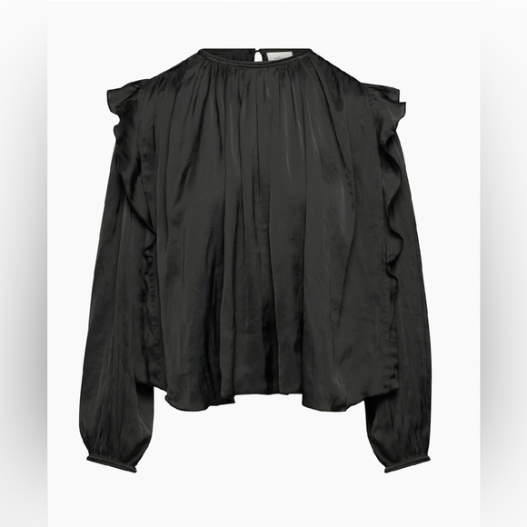 Wilfred Bernardin Blouse Relaxed Satin Long sleeve Ruffles Black Size Small NWT - Picture 6 of 14
